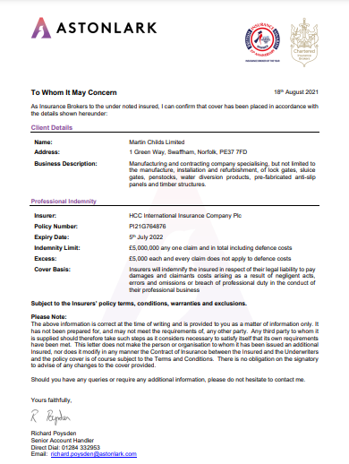 Water Control Construction | Professional Indemnity Insurance certificate for MCL